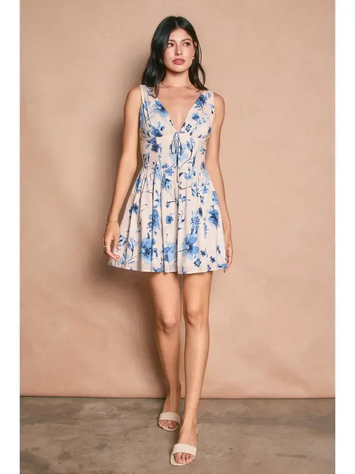 Azure Blossom Plunging Corset Mini Dress