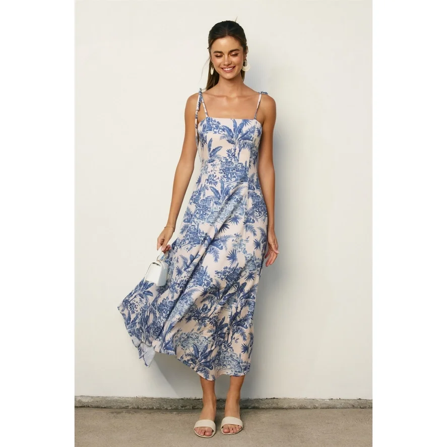 Laguna Palm Shoulder Tie Midi Dress Vieste Blue