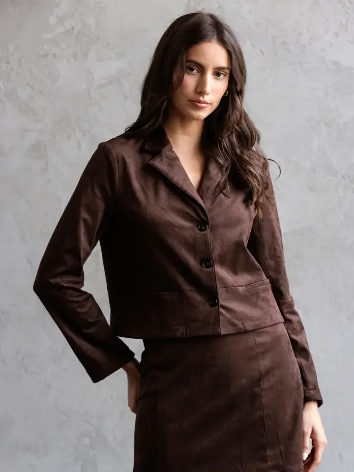Faux Suede Cropped Blazer Chocolate