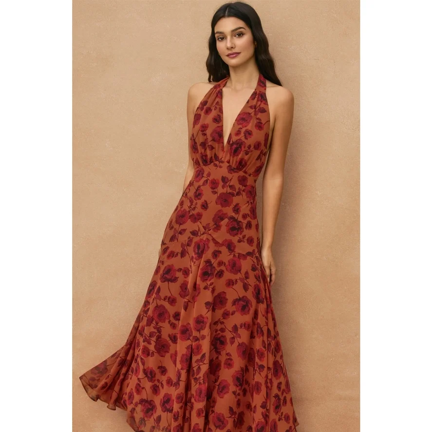 Canyon Still Drop Waist Halter Dress Red Rouge