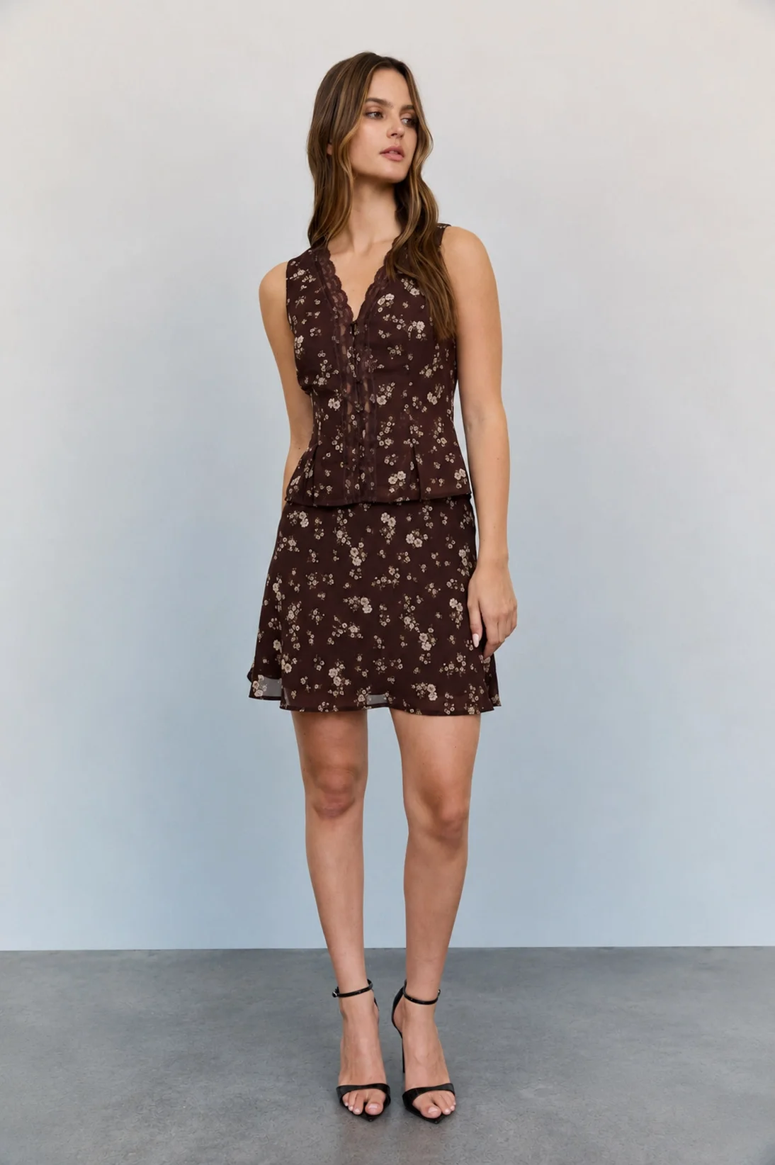 Floral Print Elastic Lace Trim Mini Skirt Brown