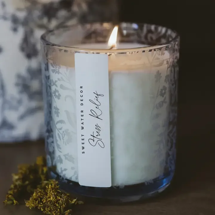 Stress Relief 12oz Soy Candle Blue Tinted Jar