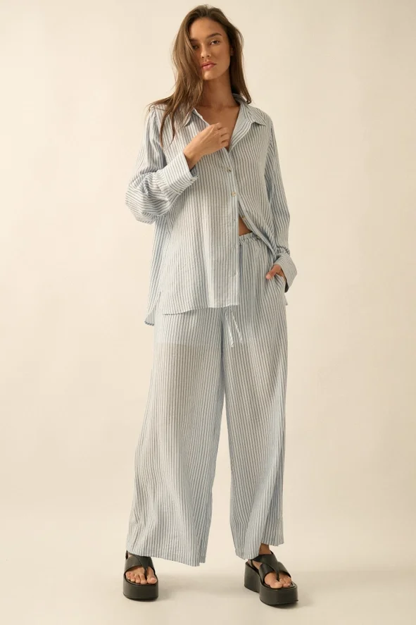 Pinstripe Woven Oversized Button Up Pale Blue