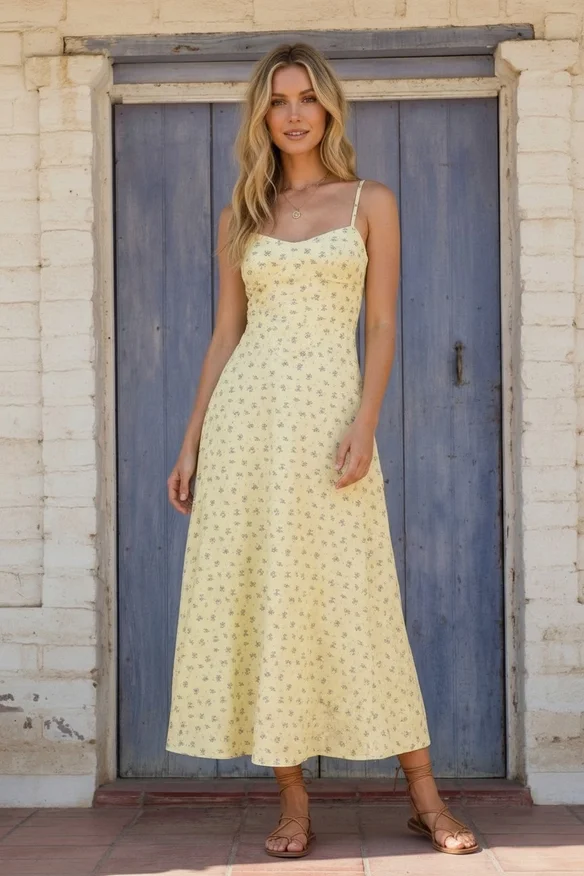 Floral Printed Twill Paneled Maxi Dress Butter
