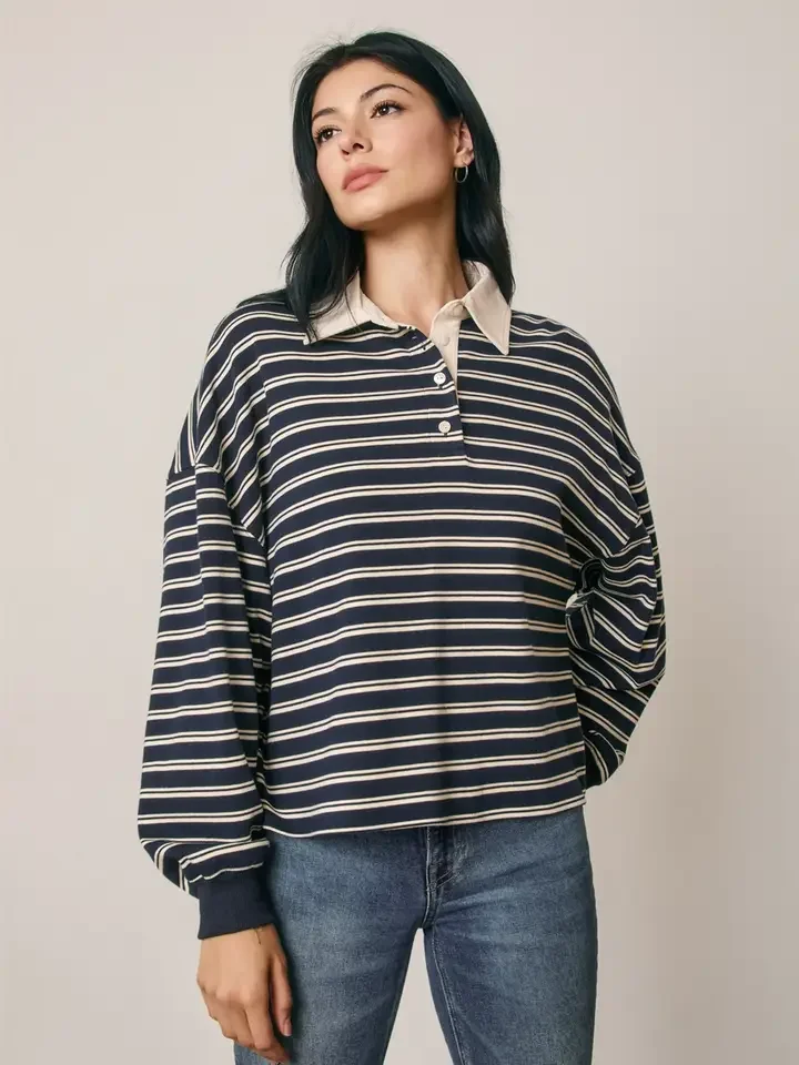 Striped Oversized Polo Navy