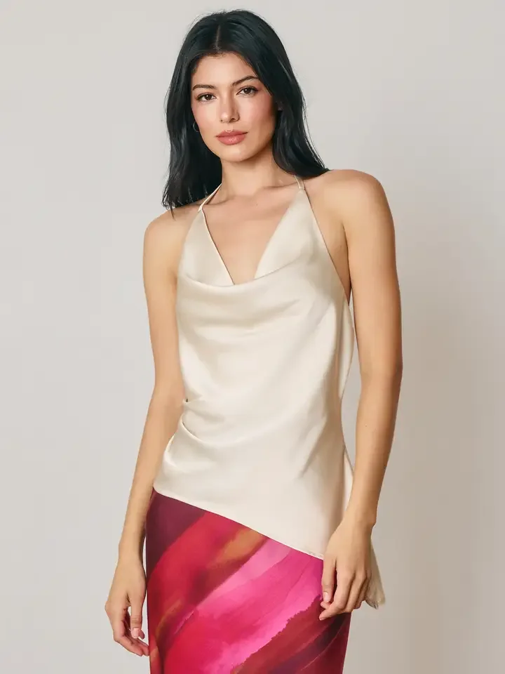 Dull Satin Asymmetrical Halter Top Champagne