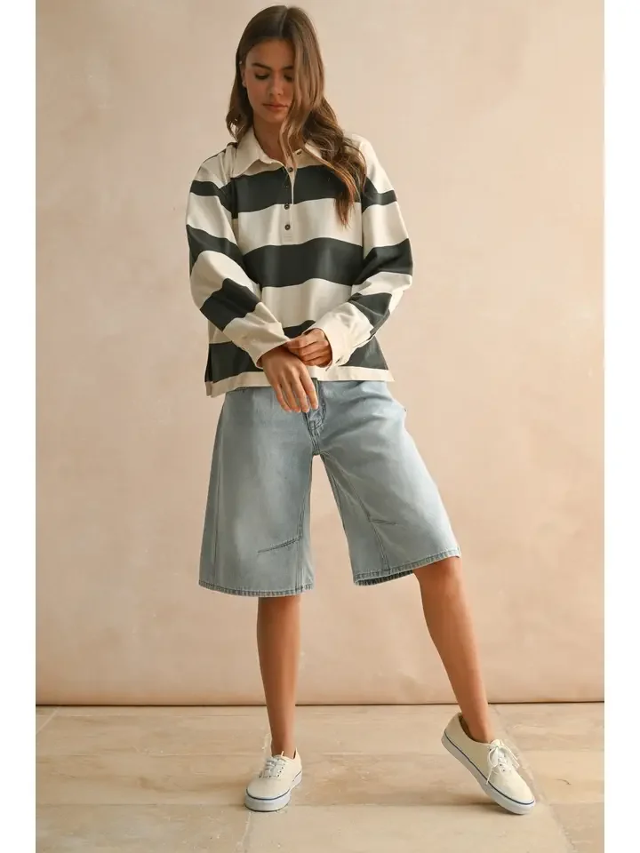 Long Sleeve Rugby Striped Shirt Olive Beige