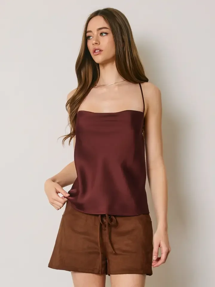 Satin Open Back Cami Top Burgundy