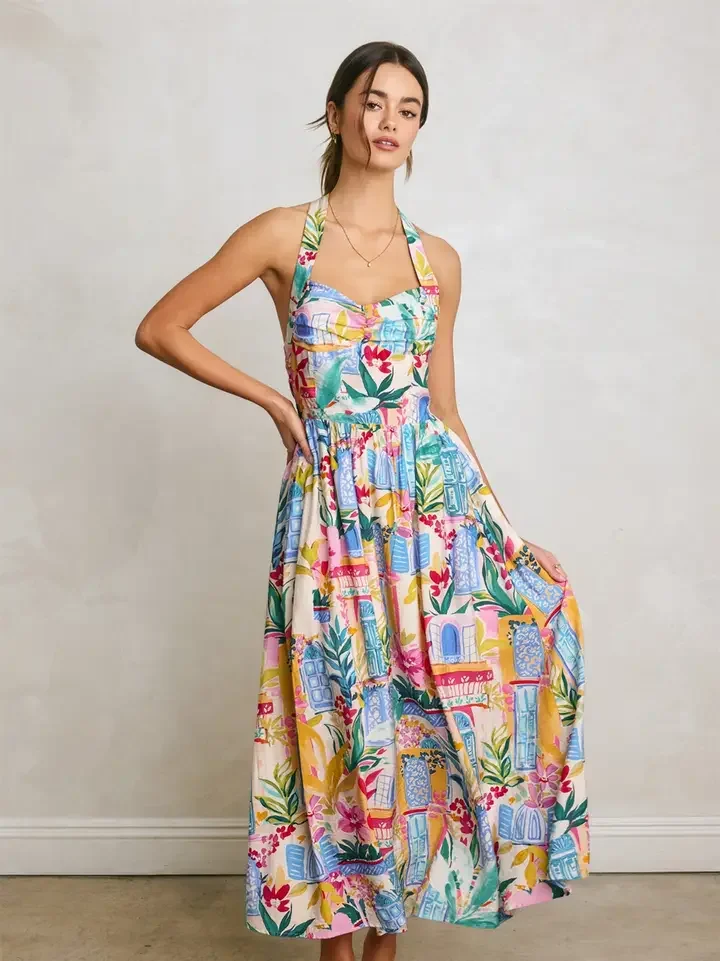 Long Summer Halter Neck Midi Dress