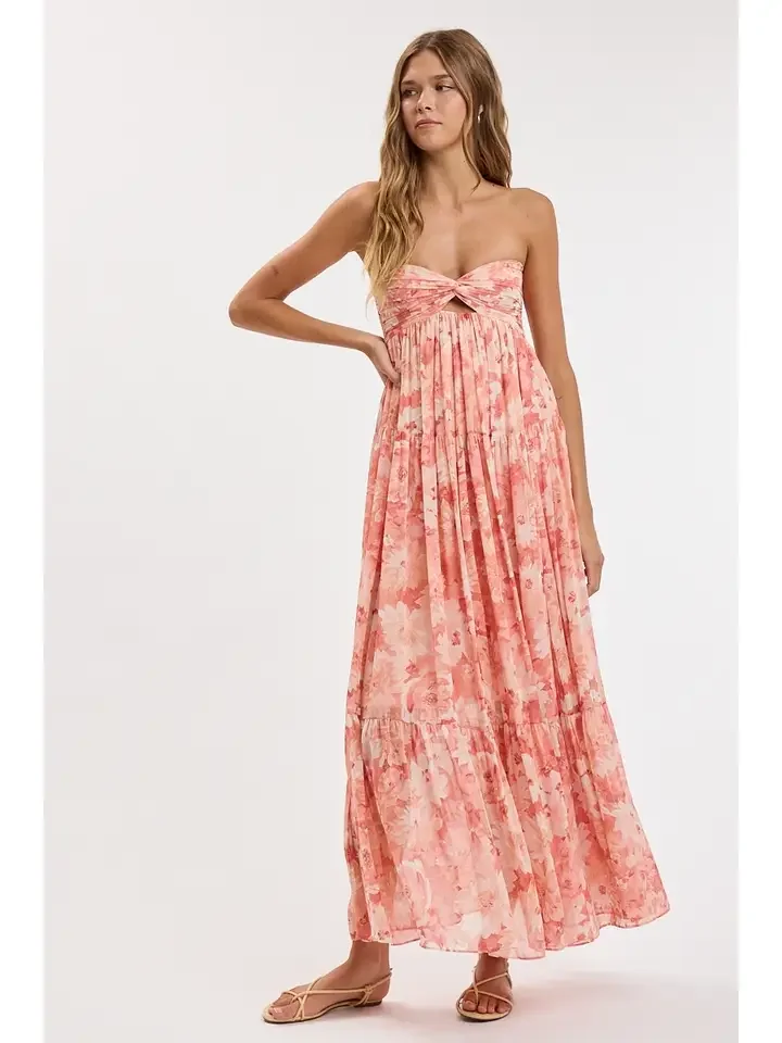 Coral Floral Twisted Ruched Maxi Dress