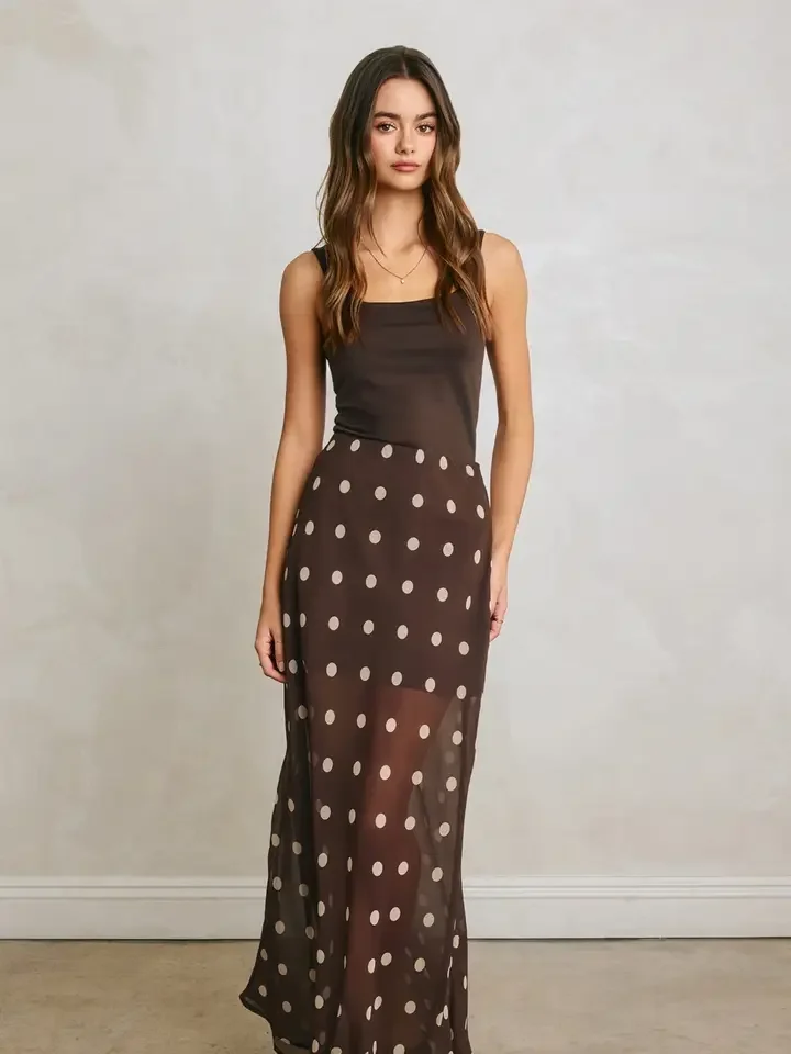 Polka Dot Pull On Maxi Skirt Chocolate Cream