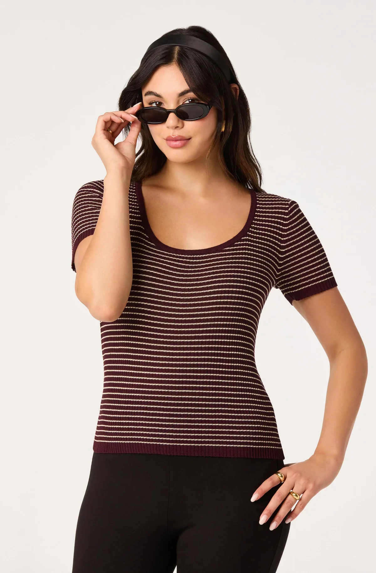 Cindra Striped Ribbed Knit Tee Burgundy
