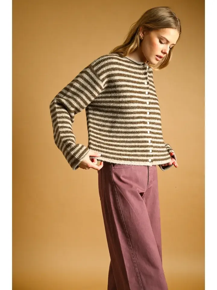 Striped Button Front Cardigan Mocha/Oat