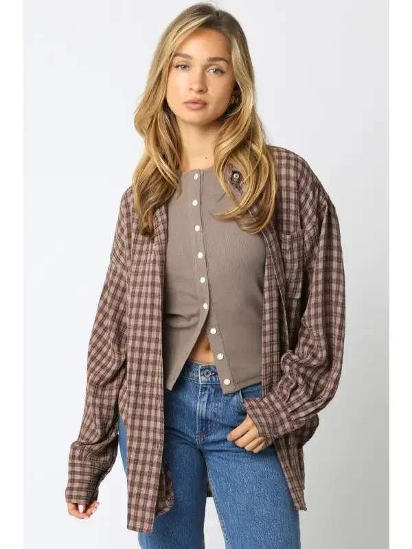 Checkered Button Down Shirt Brown