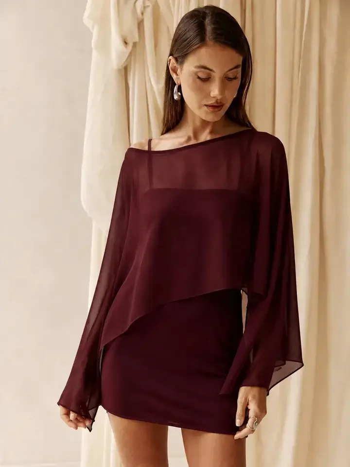 Slip Mini Dress With Sheer Cape Burgundy