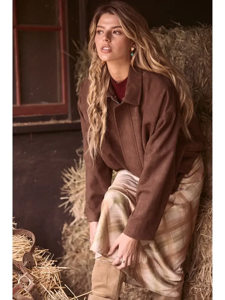Faux Suede Bubble Hem Jacket Chocolate Brown