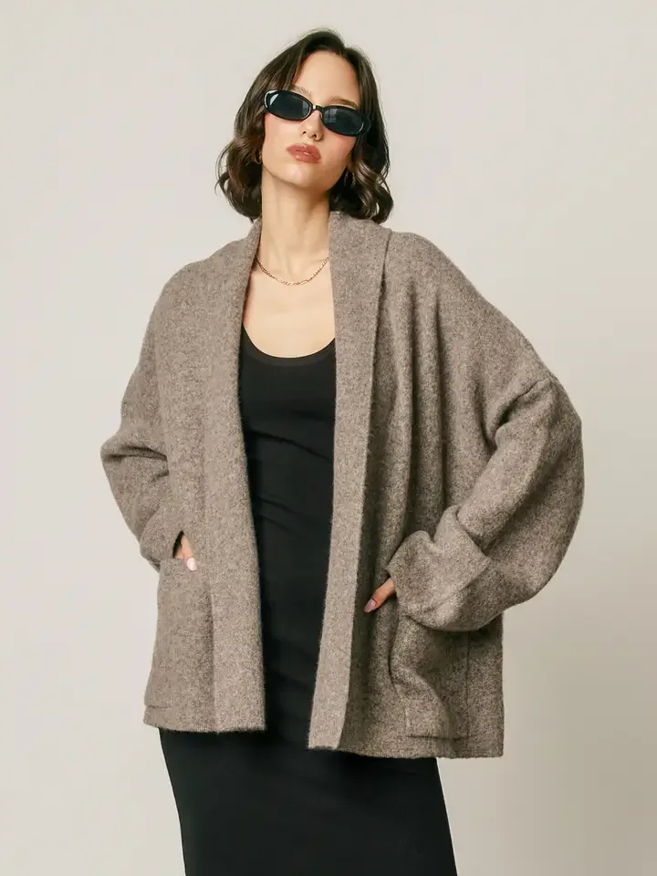 Relaxed Shawl Collar Open Front Cardigan Warm Grey