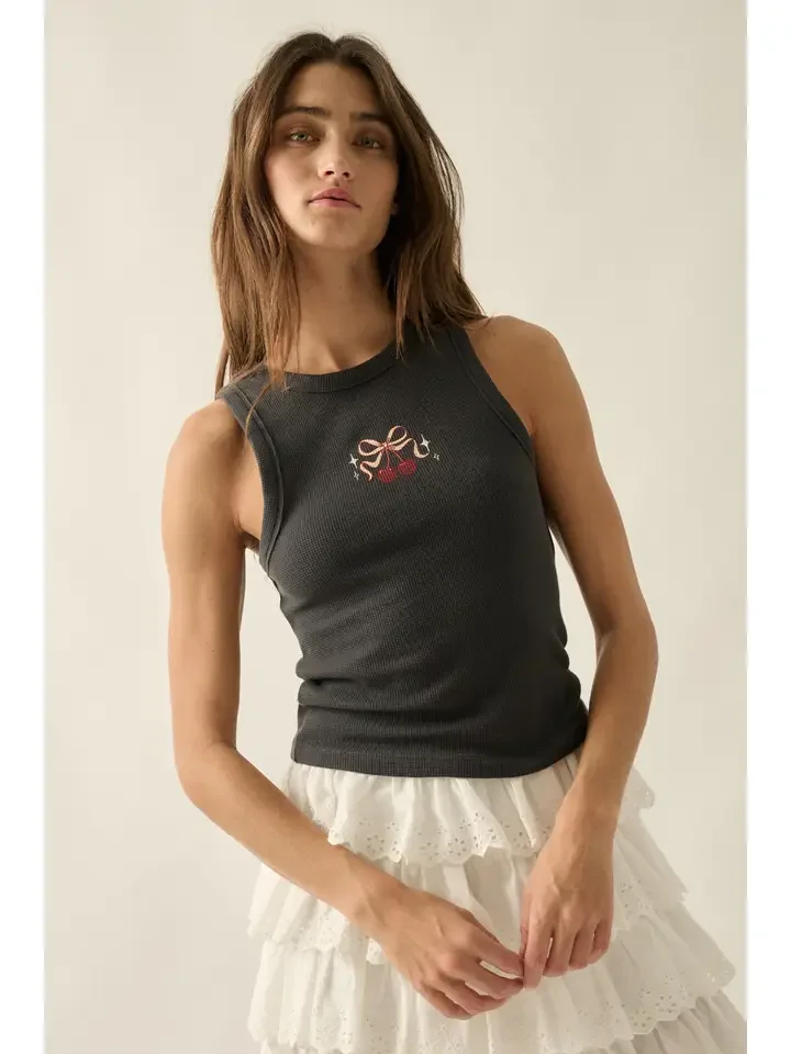 Cherry Bow Waffle Knit Tank Top Charcoal