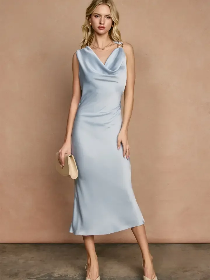 Satin Metal Trim Cowl Ruched Midi Dress