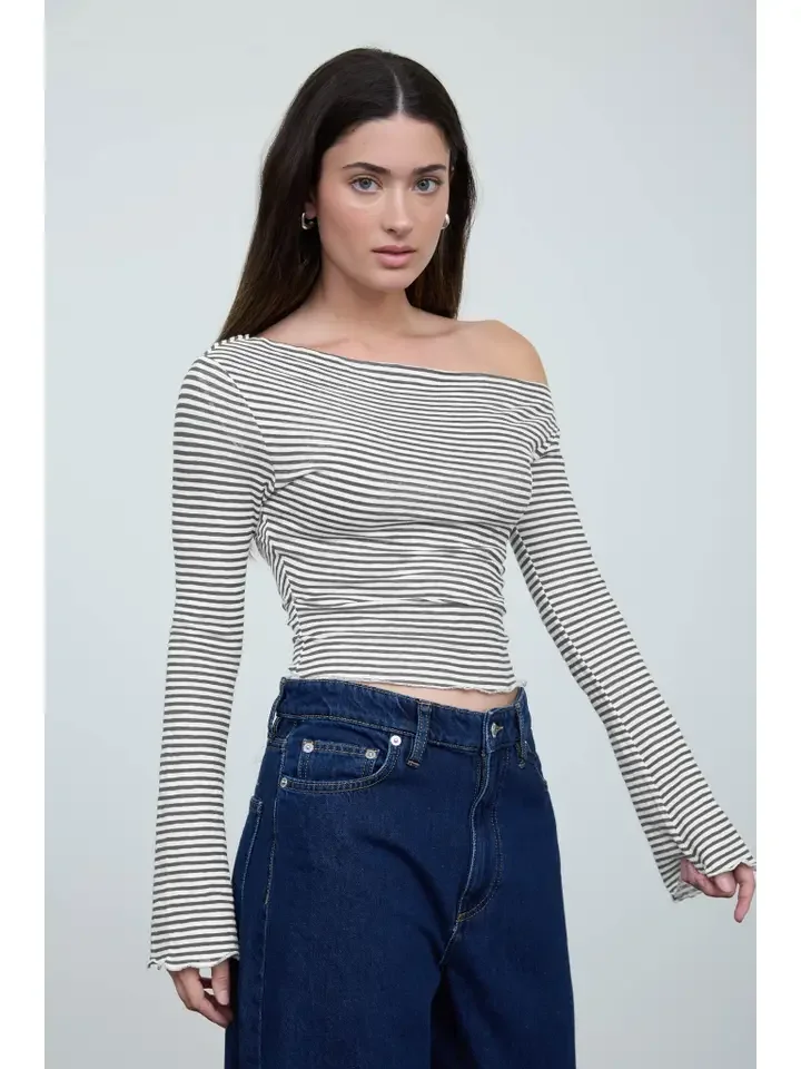 Stripe Asymmetrical Neck Top Grey
