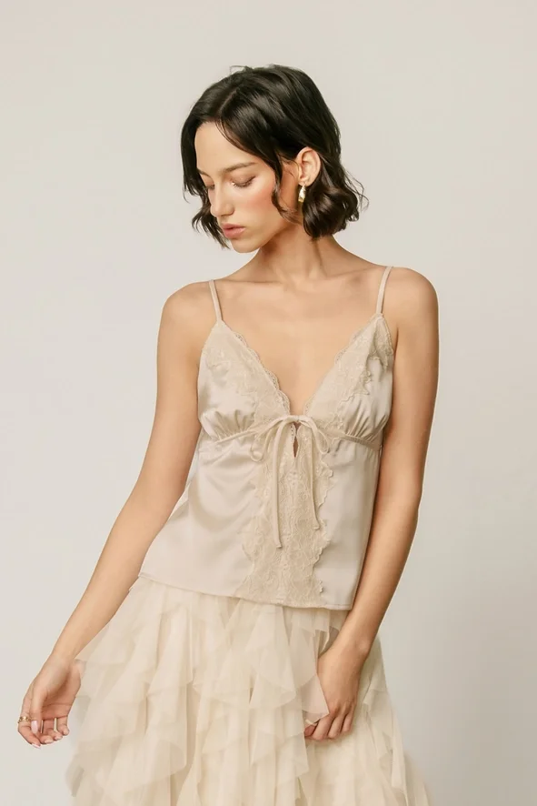Satin Lace Tie Front Cami Top Champagne