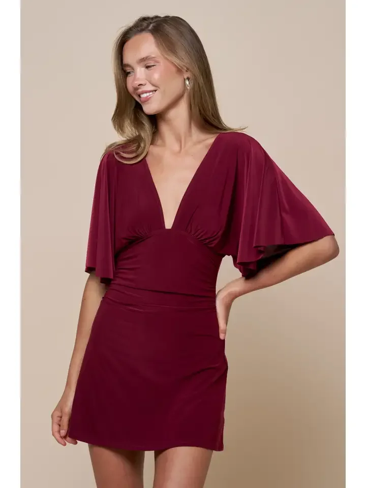 Deep V Neck Flutter Sleeve Dress Burgundy