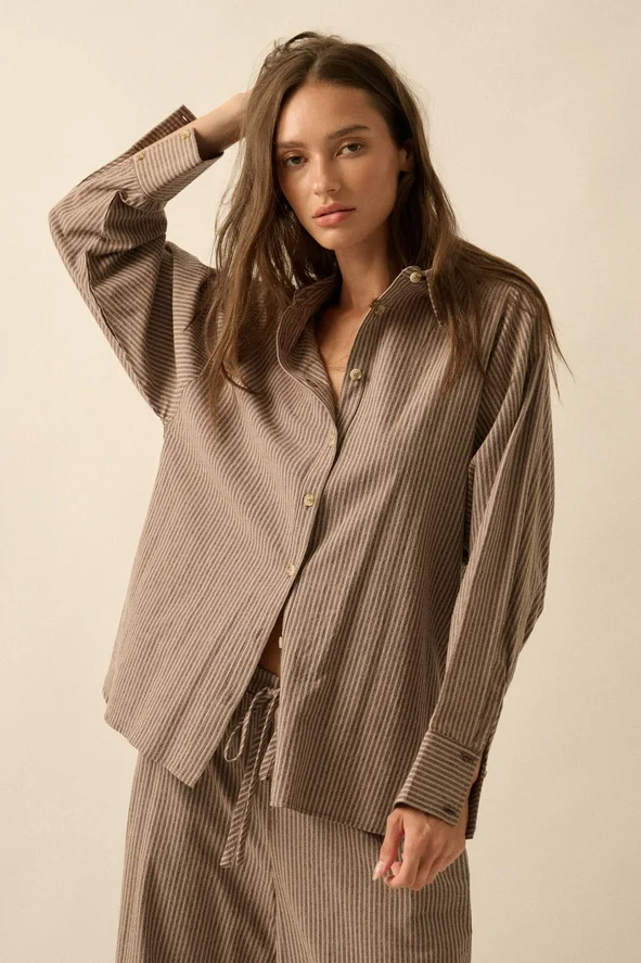 Striped Loose Fit Button Up Mocha