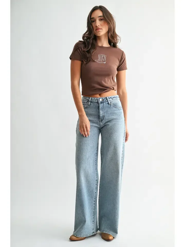 High Rise Stretchy Wide Leg Jeans Medium Wash
