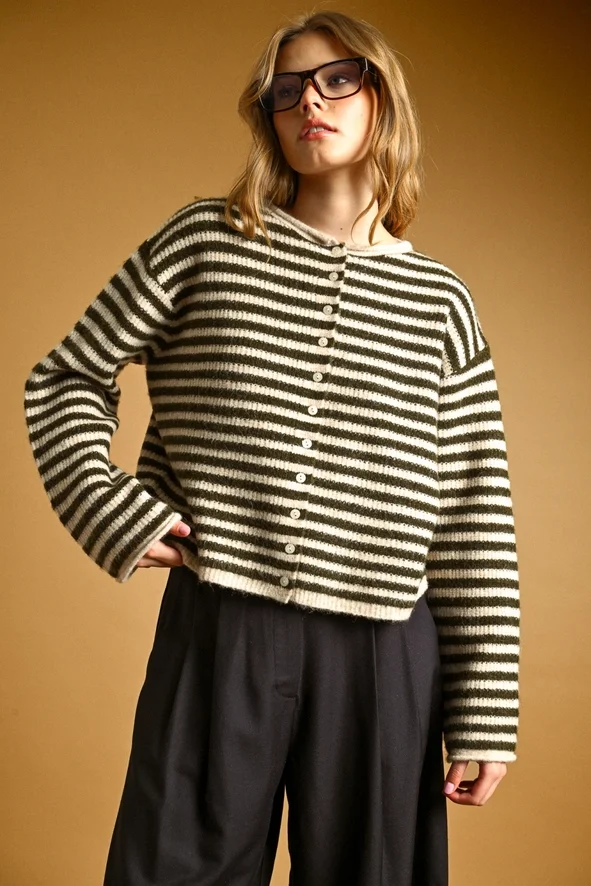 Striped Button Front Cardigan Olive/Oat