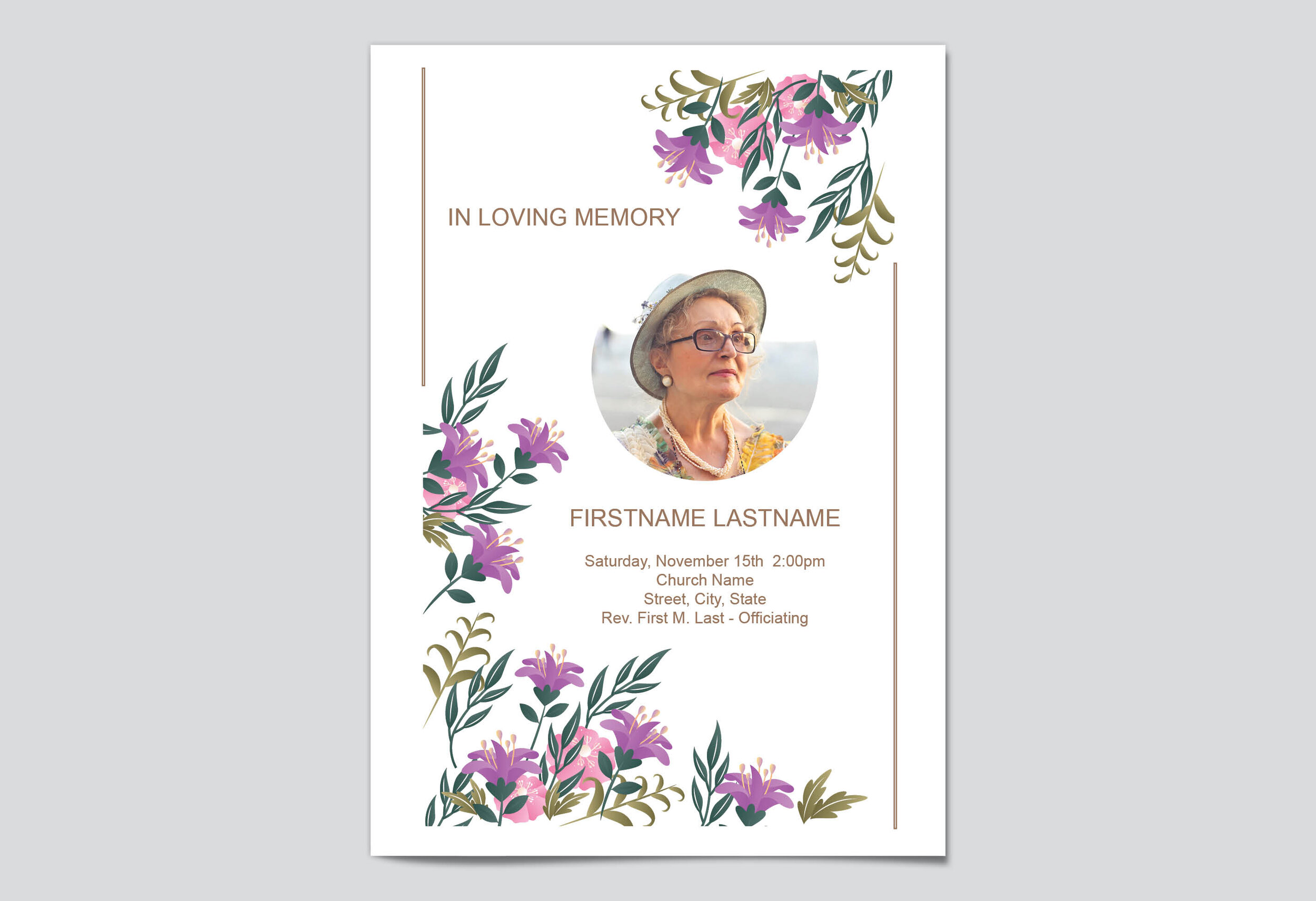 Printable Microsoft Word Order of Service Violet Purple Roses With Memorial Cards For Funeral Template Free