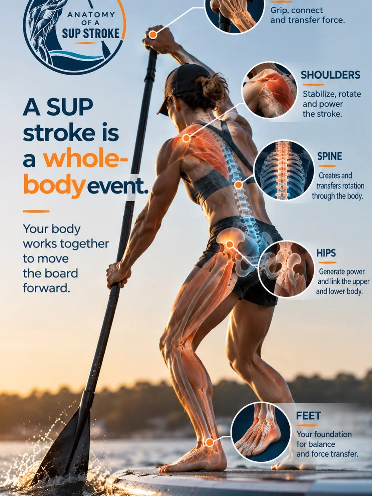 Learning how the body works when it moves the paddleboard, we believe, will help you become a more efficient paddler. 

Understand what a coach instructs you to do more deeply, be able to know what it means, and perform better.

#AnatomyOfASupStroke