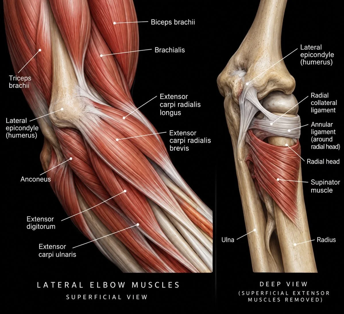 The ELBOW 💪

Pic 1 Lateral Side &ldquo;in side&rdquo;
Pic 2 Medial Side &ldquo;out side&rdquo;

On the MEDIAL side, the flexor-pronator region helps connect the hand and wrist back to the elbow.

Muscles such as pronator teres, flexor carpi radialis