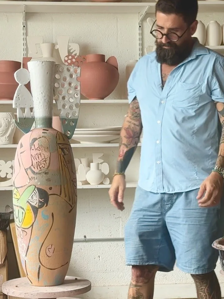 Brand new from the kiln✨
this one, again, from a series I&rsquo;ve been developing for a number of years based on graffiti walls. 

Drawing things on, developing them in colored slip and glaze, then scratching them back off again&hellip; painting  ov