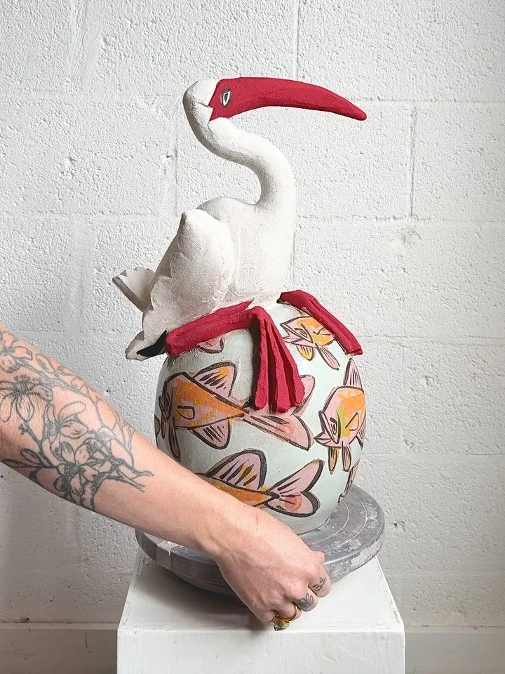 Return of the Ibis.

I have a small series of these sculptures finishing in the next few weeks. 

They are made from combining 3 or 4 wheel thrown and altered pots with the addition of some slab work. About 22 inches tall-ish.

Sculptural ceramics ar