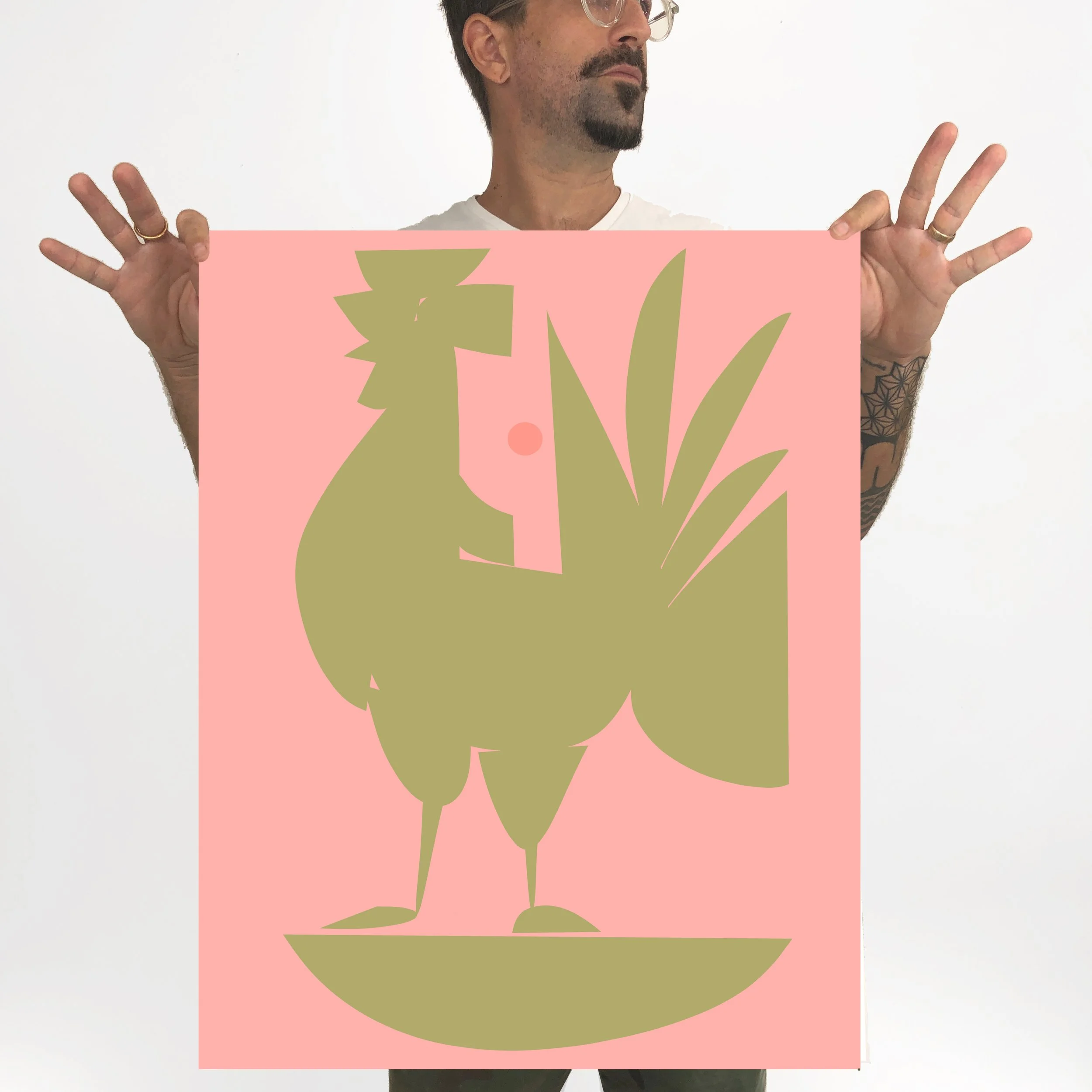 "Green & Pink Rooster" Print