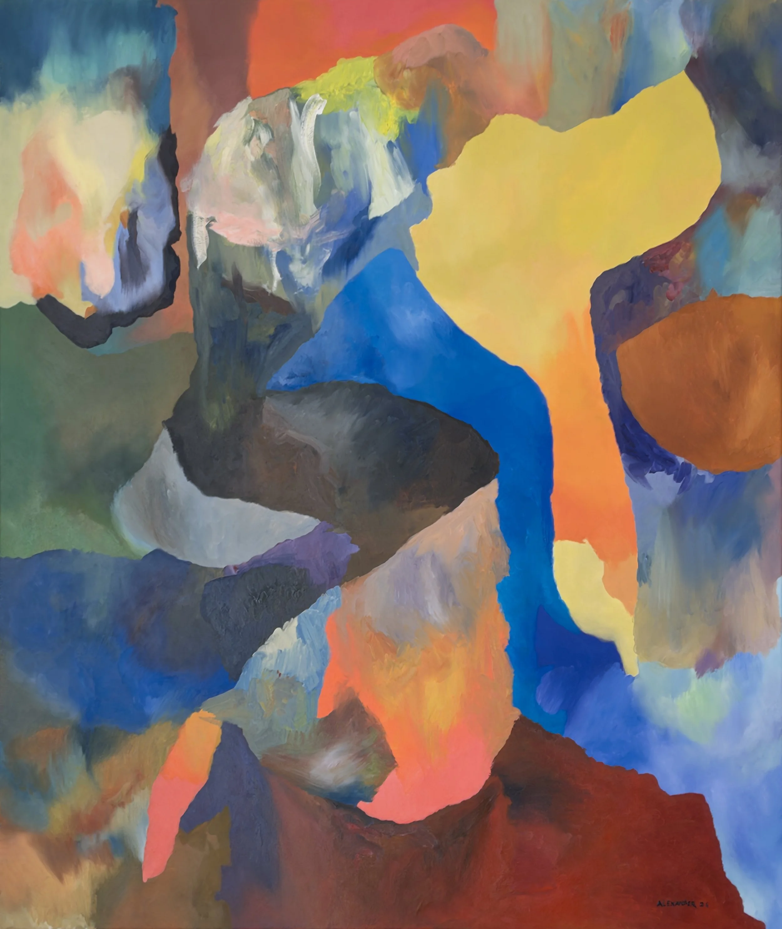 Abstract oil painting by Tomer Alexander: a vivid blue band flows down the centre between a large yellow-orange form and dark grey curves, with coral and rust red at the bottom.