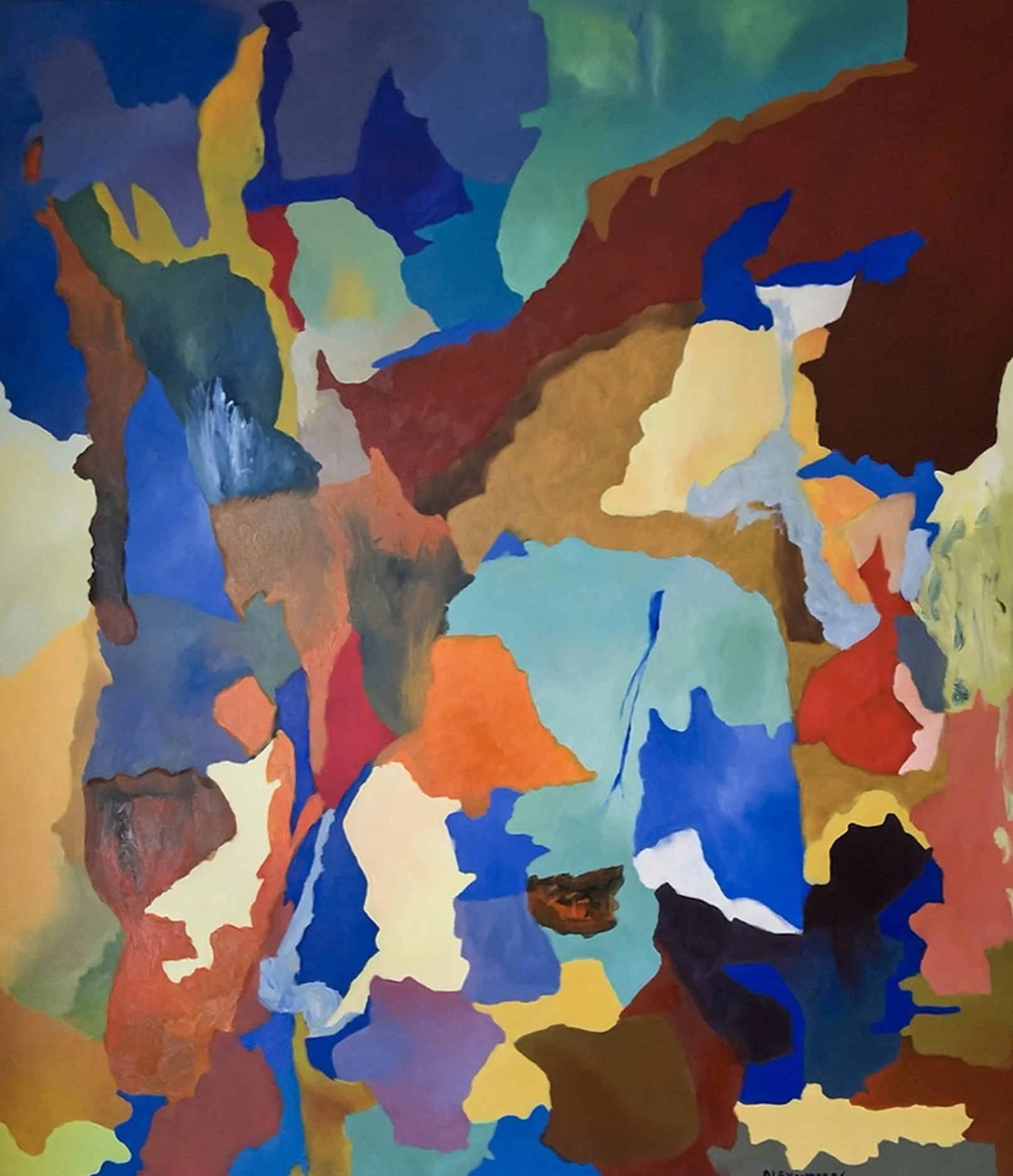 Abstract oil painting by Tomer Alexander: interlocking irregular patches of blue, turquoise, ochre, orange, yellow and lilac, with a large deep red-brown area at upper right.