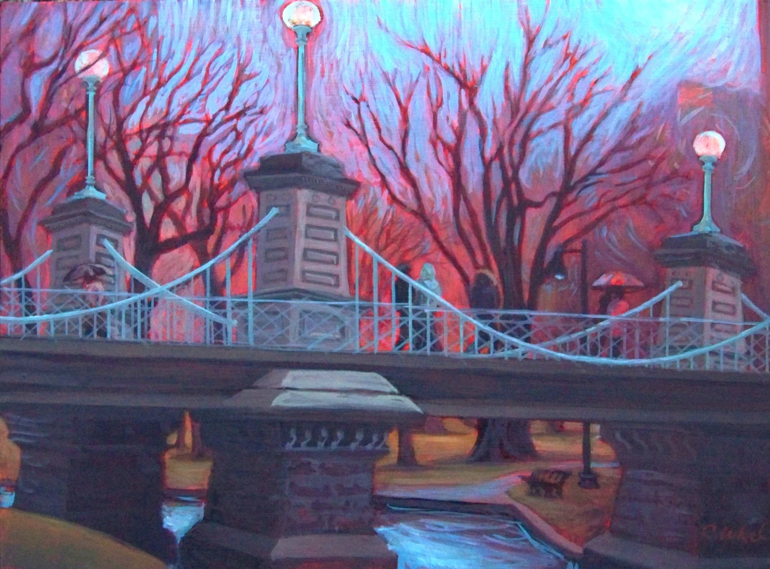 Umbrella Walkers on the Foot Bridge