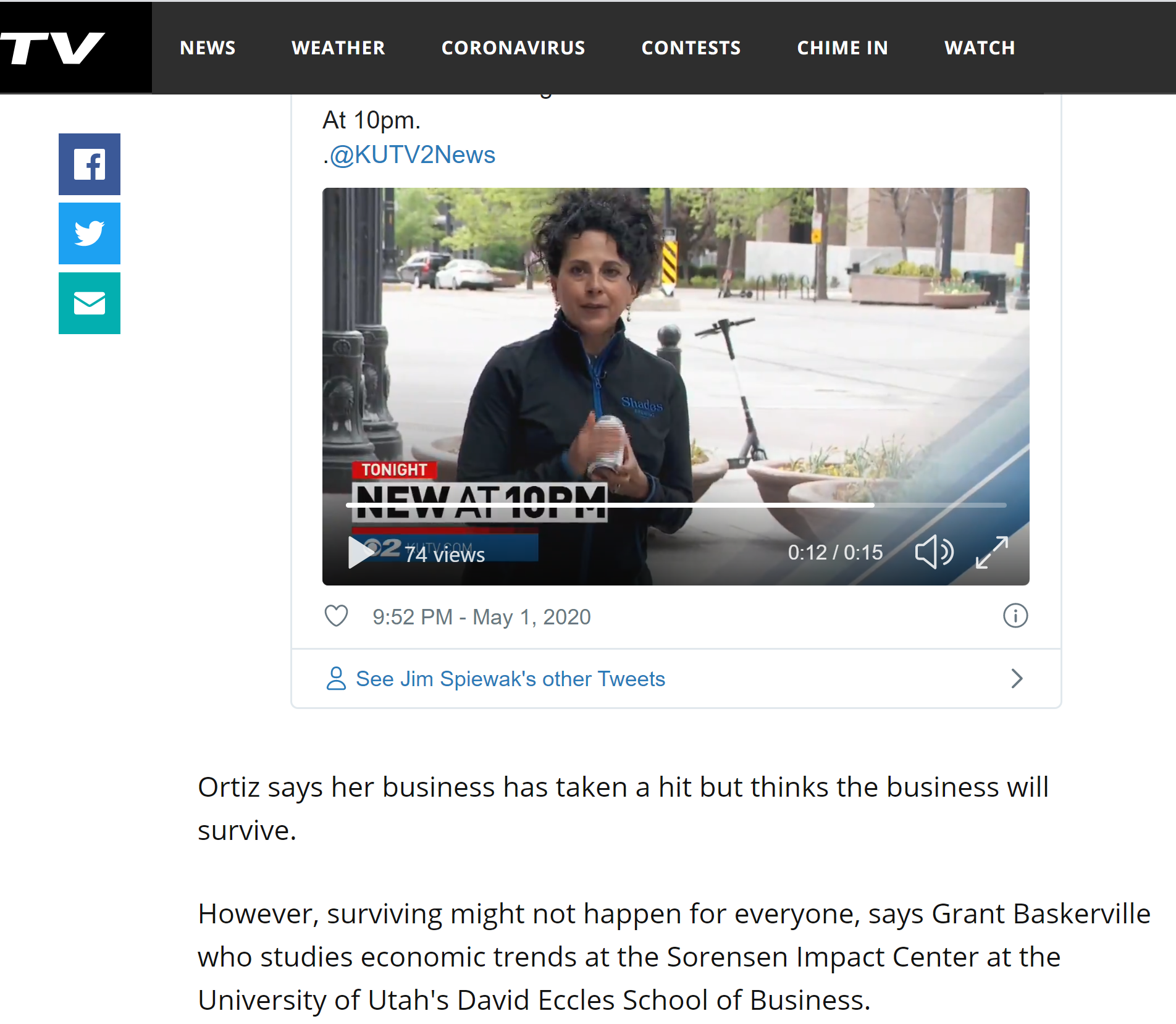 KUTV 2 Interview for pice: How hard did stay at home directive hit Utah businesses 