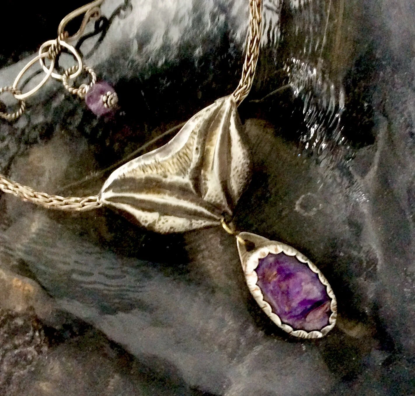 Striking Repousse and Charoit Necklace