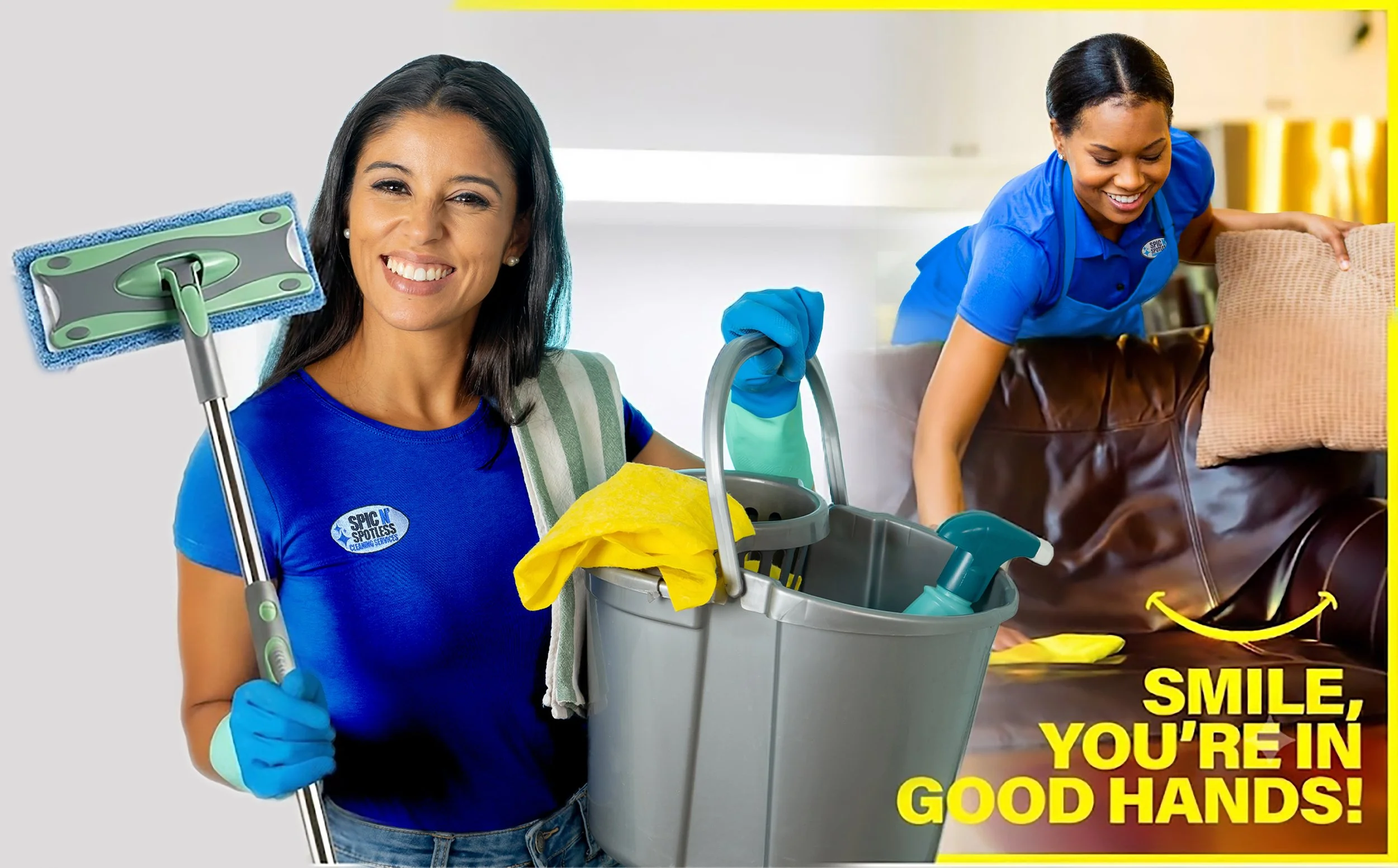 A smiling woman in a blue shirt holding a mop and a bucket of cleaning supplies, with text encouraging good hand hygiene and cheerful message about being in good hands.
