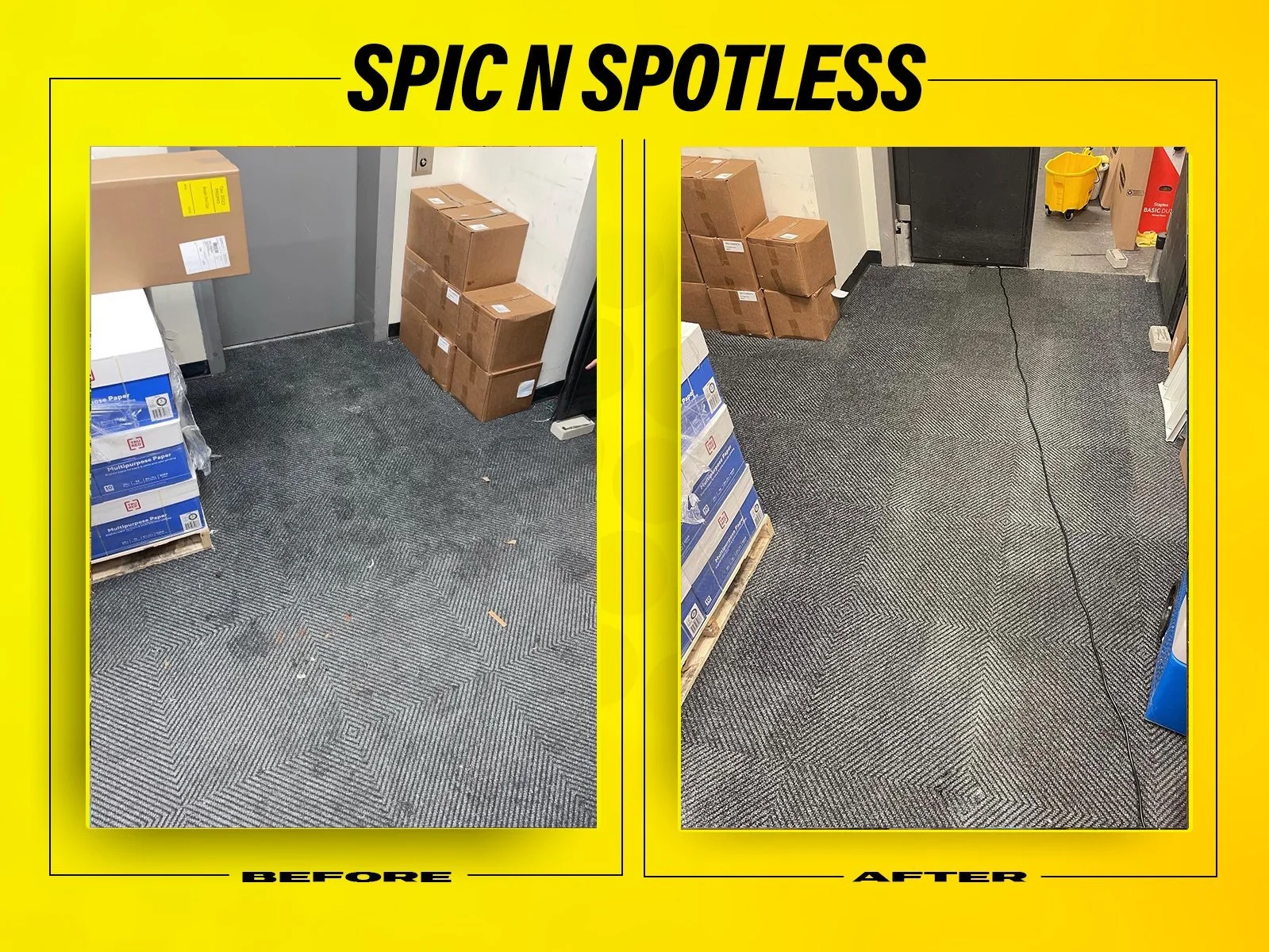 Comparison of a cluttered office corner with boxes and papers on the floor before cleaning and a clean, organized space after cleaning, with a black cord across the floor.