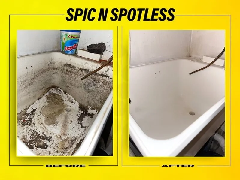 Comparison of a washing machine tub before and after cleaning. The left side shows a dirty, moldy, and grimy tub, while the right side shows a clean, white, and spotless tub.