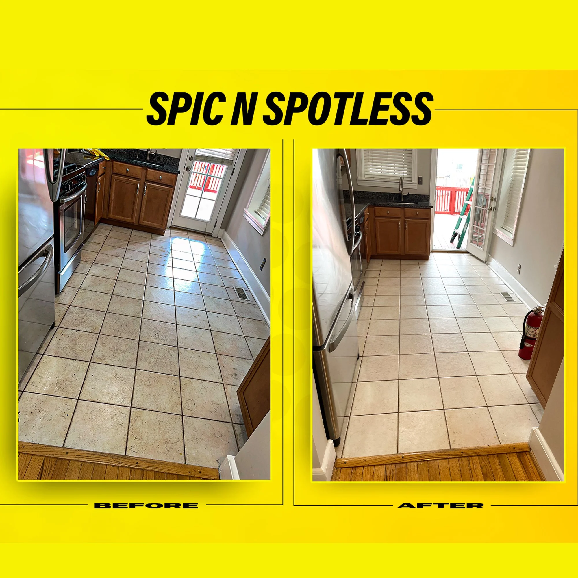 Comparison of kitchen floor before and after cleaning, with a yellow background and black text reading 'SPIC N SPOTLESS', showing two images of a kitchen floor labeled 'BEFORE' and 'AFTER'.