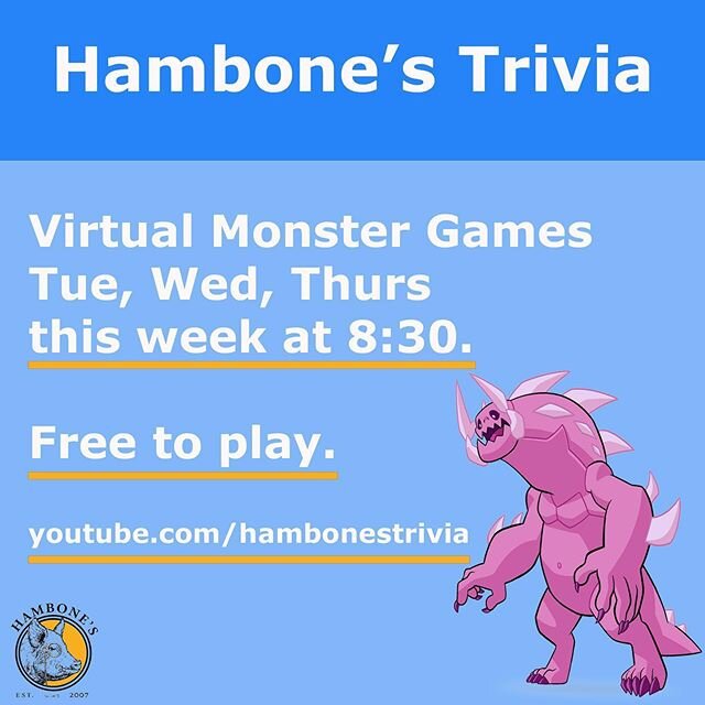 See you guys online. Tuesday, Wednesday, and Thursday at 8:30. On our Youtube channel. Spread the word. It&rsquo;s the best trivia in the world, and it&rsquo;s free to play. See you tonight.