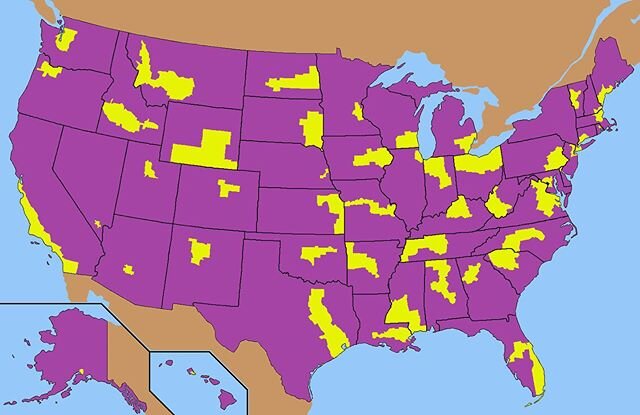 Each state&rsquo;s most densely populated 50% in yellow and least densely 50% in purple. Hambone&rsquo;s map team. No days off. .
.
.
.
#map #usa #geography #trivia #indy #do317