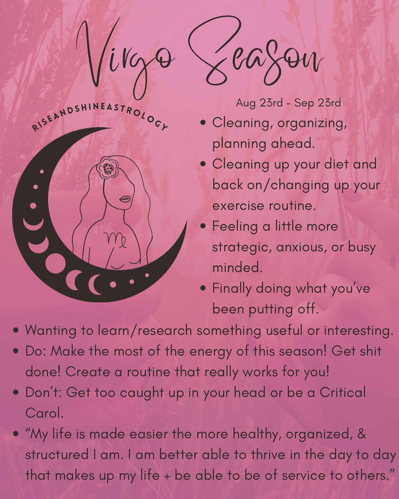 Virgo Season is now underway!
Here&rsquo;s how it will likely feel for you in general 👆, and here&rsquo;s some other themes you might be experiencing based on your sun, moon, &amp; rising sign (read each, though rising sign is most important) 👇 
Vi