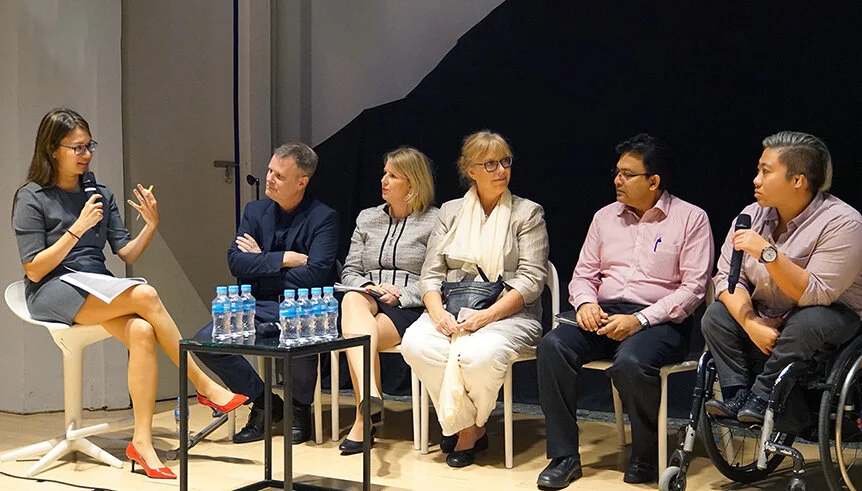 Eunice hosts a panel discussion with foreign dignitaries and business delegates at the Disability Forum organised by the Swedish Embassy in Singapore.