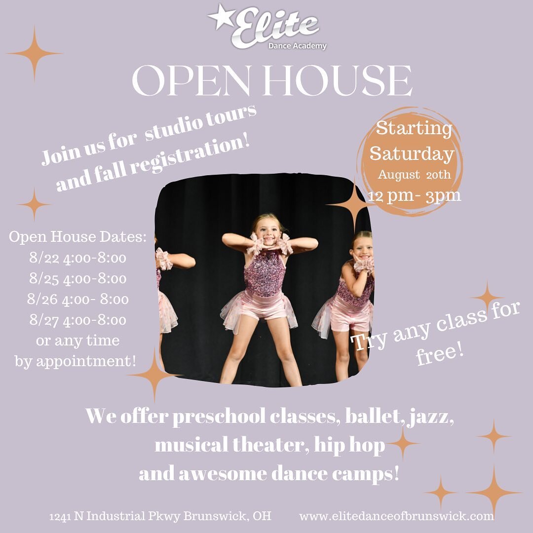 🏠OPEN HOUSE🏠 
We are so excited to share our amazing dance programs &amp; our outstanding facilities with you! 
There is still time to register for fall- but spaces are limited! 
Be sure to call or stop by! 
We can&rsquo;t wait to meet you!