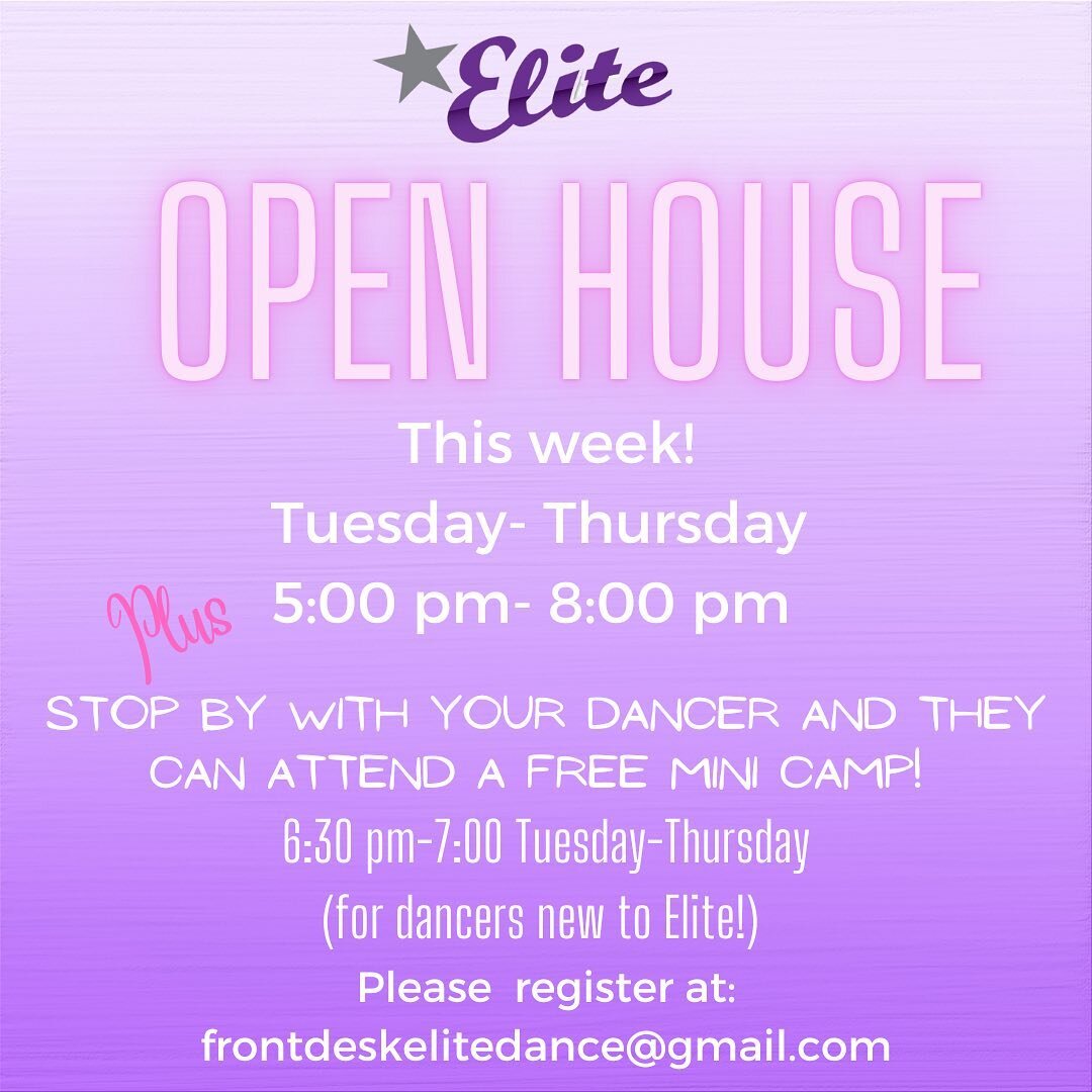 🌟Come one come all!!
🌟And bring your friends! 
🌟Another week of fun &amp; fabulous mini camps for your mini me - along with a tour of our amazing facility &amp; fall program info for you! 
🌟Join us &amp; discover the Elite difference!